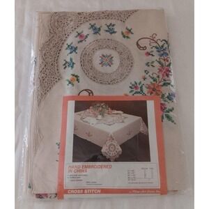 NIP Large Vtg Tablecloth Embroidered Cross Stitch Crochet Lace Pink Blue Red